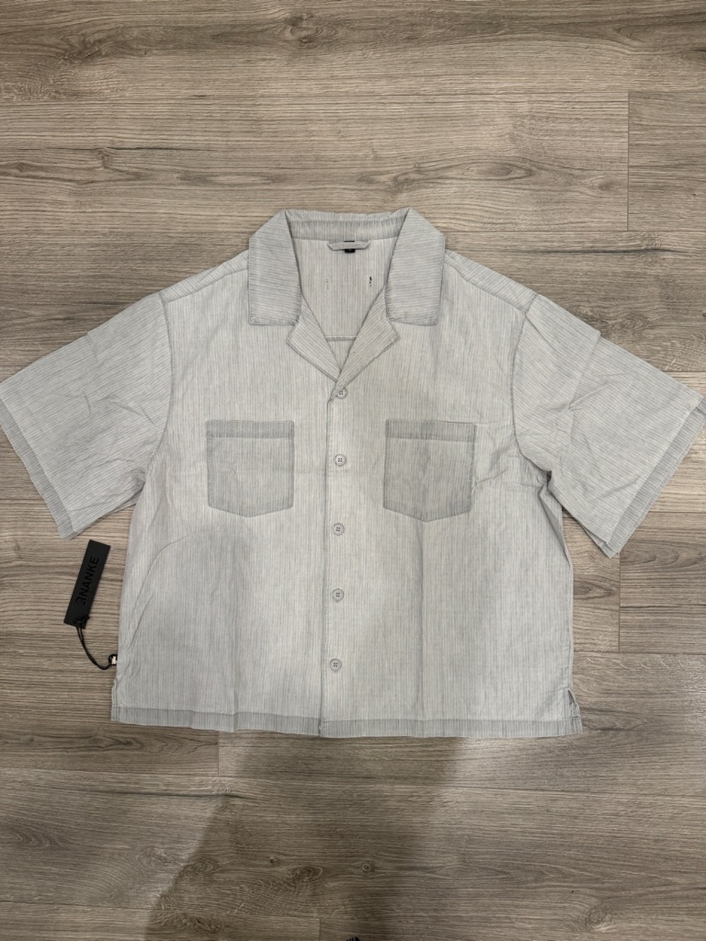 ANANKE Light Gray Pinstripes Cropped Cuban Button Down Shirt Mens Sz Extra Large